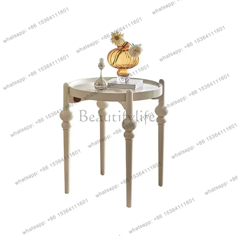 

French cream style solid wood edge few living room sofa side small coffee table high-end light luxury