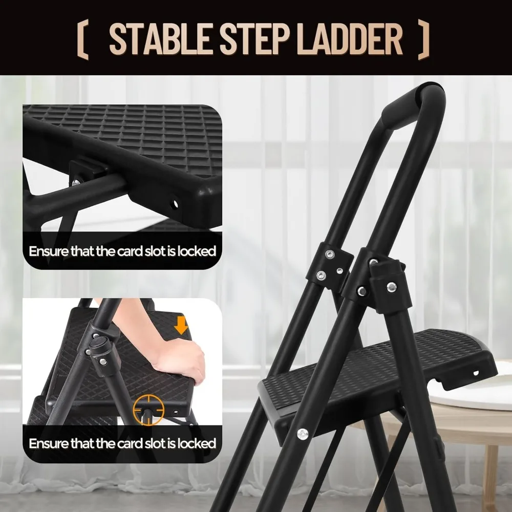 2-Step Folding Step Stool for Adults, 500lbs Capacity, Portable Steel with Anti-Slip Pedals for Kitchen & Household