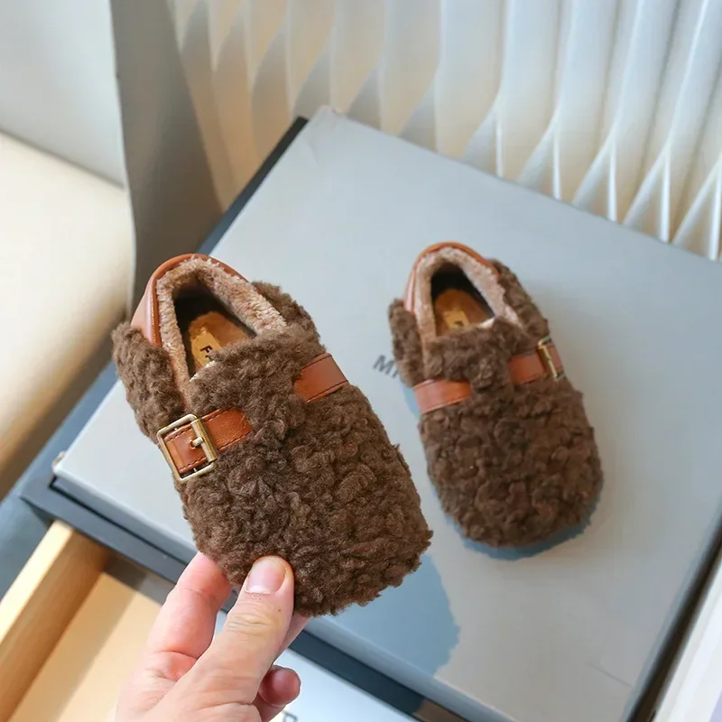 Children Plush Shoes Temperament Soft Sole Girls Flat Shoes with Fur Sweet 2024 Winter New Kids Moccasins Warm Slip-on Elegant