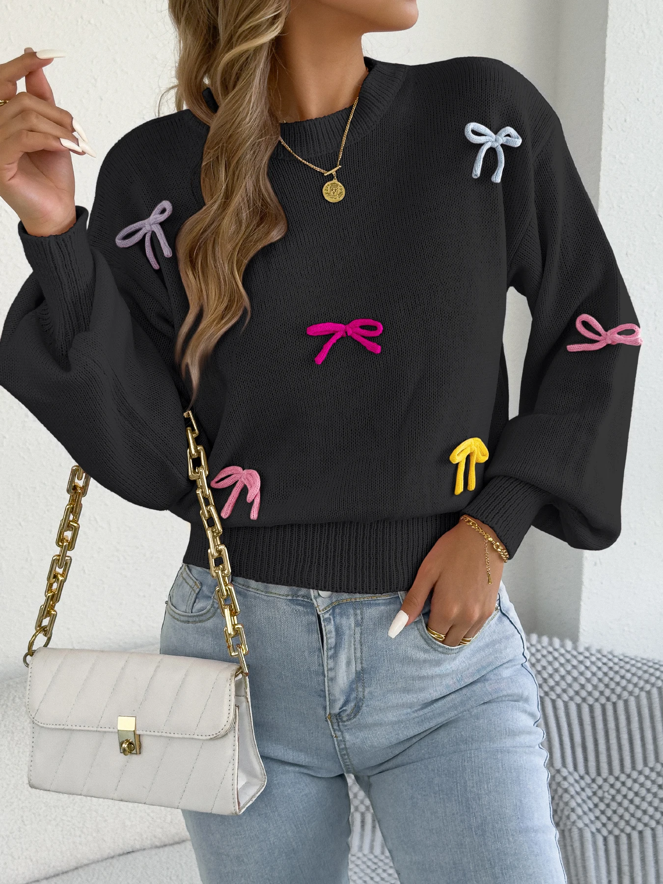 Y2K Solid Color Bowknot Crew Neck Cinched Waist Long Sleeve Sweater