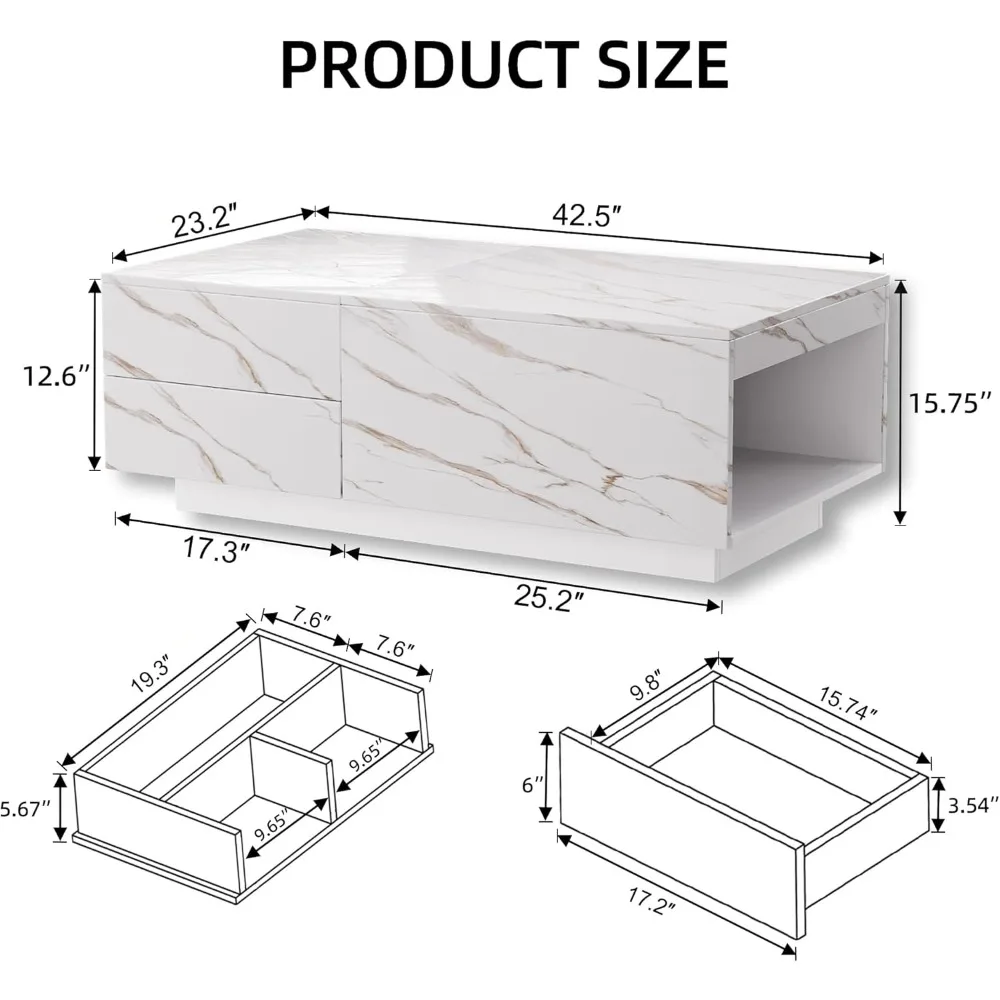 LED Coffee Table, 43" UV High Gloss Modern Center Table with 2 Drawers & Hidden Storage Compartment & Open Compartments, Extenda
