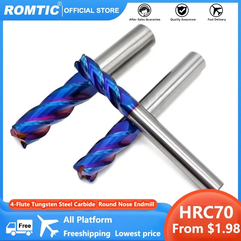 ROMTIC HRC70 4-Flute Tungsten Steel Carbide Blue Nano Coating Roughing Round Nose Endmill CNC Maching Milling Cutter Tools