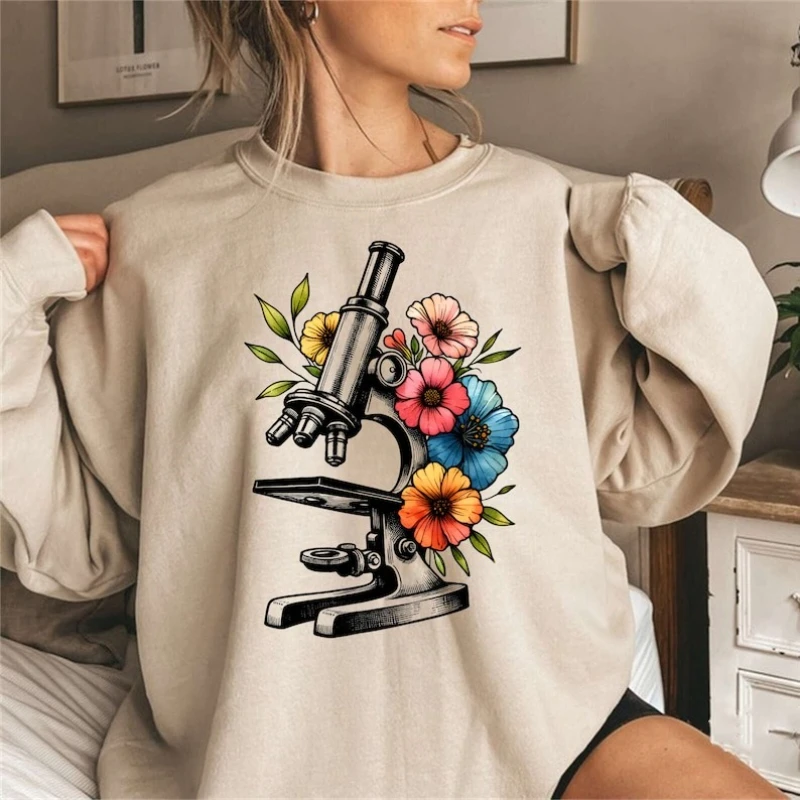 Floral Microscope Sweatshirt Biology Hoodie Science Teacher Gift  Lab Tech Autumn and Winter Hoody Microbiology Keep Warm Tops