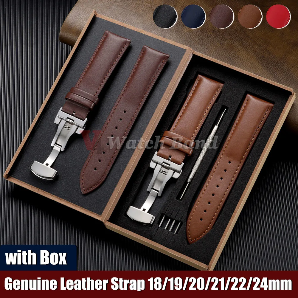 18 mm, 19 mm, 20 mm, 21 mm, 22 mm, 24 mm, echtes Rindslederarmband mit Box-Schmetterlingsverschluss, universelles Gürtelarmband für Herren und Damen