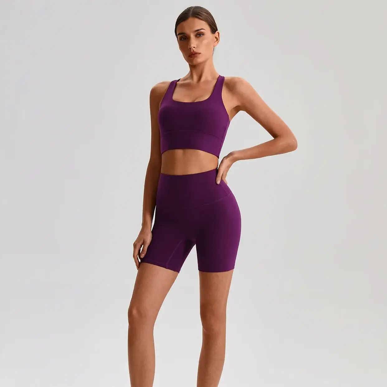 Solid Color Women Sports Suit High Waist Shorts Legging Fitness Bra 2pcs Short Legging Yoga Set Gym Workout Training Chest Pad