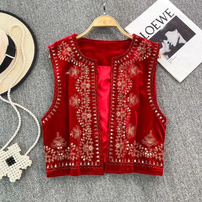 1Pc Women Spring Autumn Retro Chinese Ethnic Style Elegant Temperament Vest Exquisite Sequin Decorative Embroidered Velvet Vest