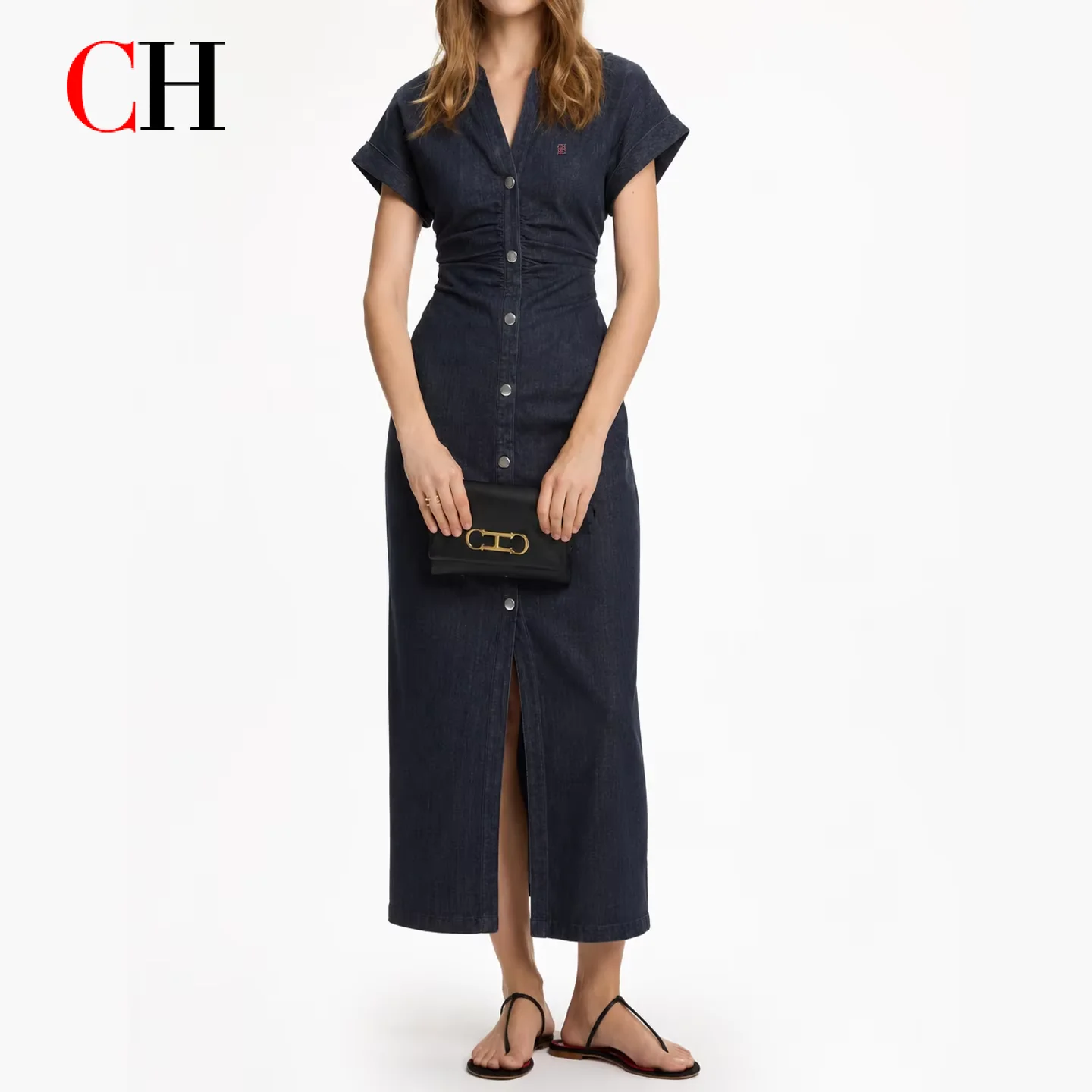 

CH Letter Embroidered Solid Color Denim Short Sleeve Midi Dress Women Lapel Collar Ruched Waist Office Smart Casual Wear