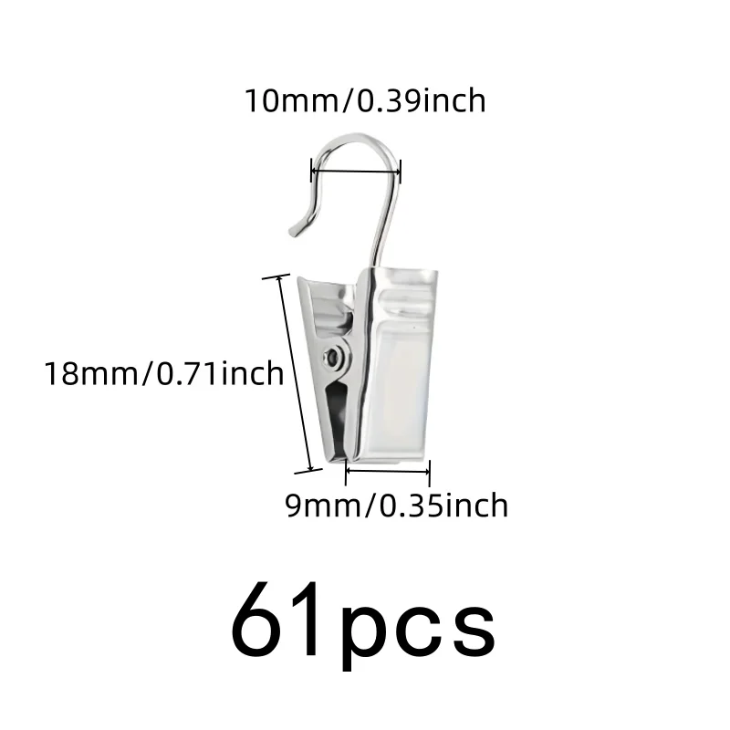 61 pcs Open-End Curtain Clips for Bathroom Shower Curtain, Rust Resistant Metal, Strong Secure Grip, Multipurpose