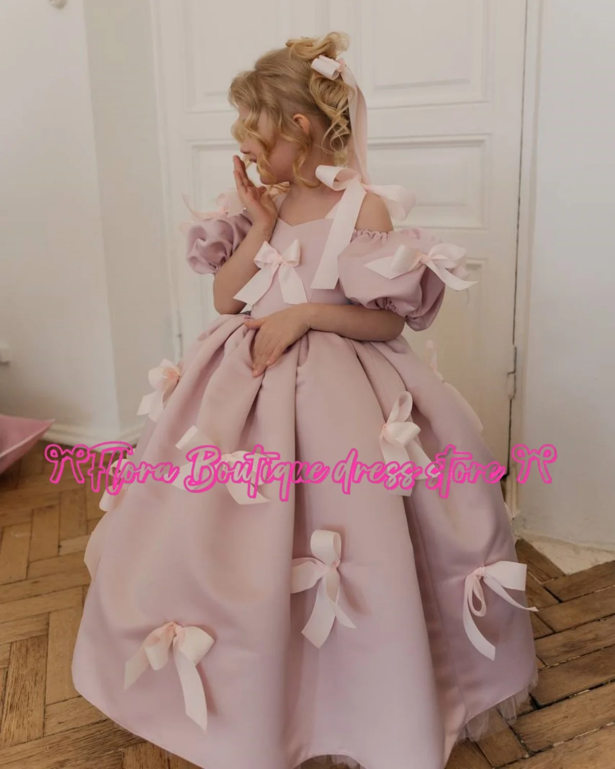 فساتين فتاة صغيرة طويلة منتفخة باللون الوردي اللطيف مع فستان بناتي على شكل فيونكة على شكل زهرة لحفلات أعياد الميلاد وحفلات الزفاف #5