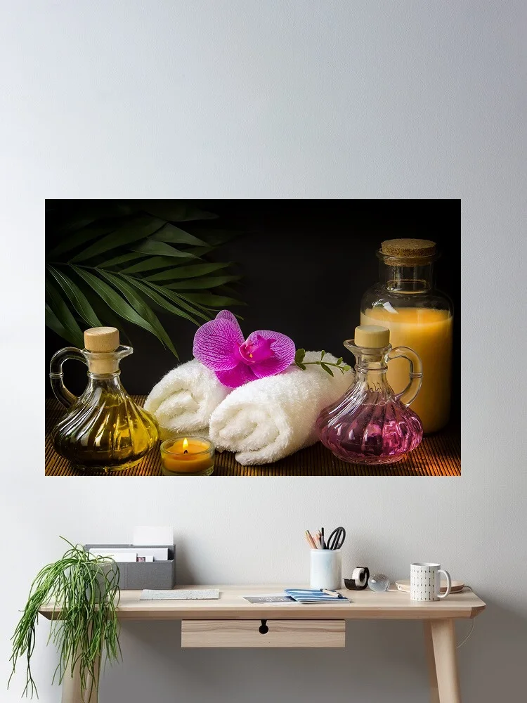 Still Life Candle Orchid Towel Man Made Spa Art Print Canvas Poster, Living Room Decor, Home Wall Picture