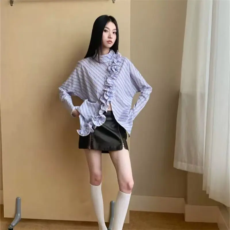 

Design-Striped Ear Slanted Long-Sleeved Shirt Women 2025 Spring Autumn New Fashionable Loose Slimming Shirt