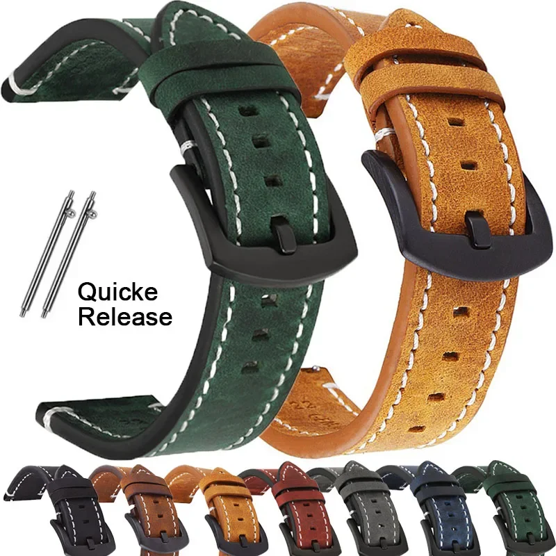Кожаный ремешок в стиле ретро 18 мм, 19 мм, 20 мм, 21 мм, 22 мм, 24 мм, мягкий ремешок, водонепроницаемый браслет для ремешка для часов Seiko, быстросъемный браслет