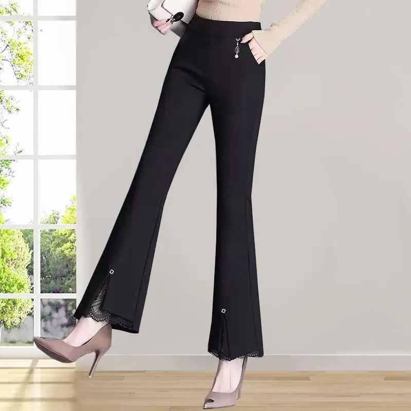 

2023 Spring Autumn New Office Lady Lace Black Elastic Waist Flare Ladies All-match Patchwork High Waist Slim Trousers Women's