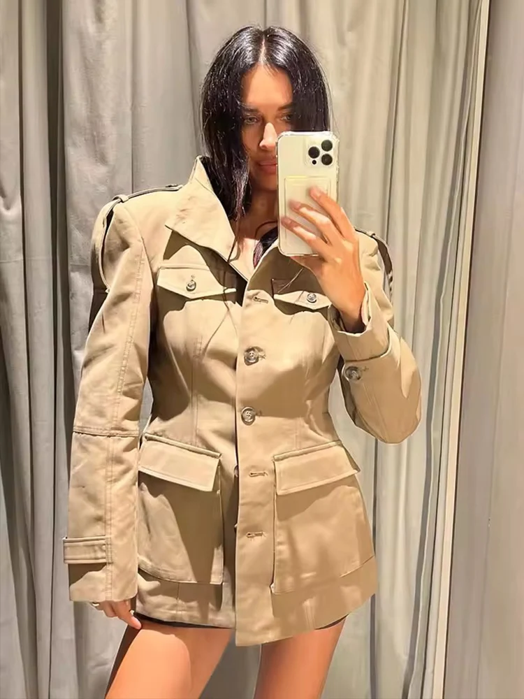 

Vintage Women's Khaki Stand Collar Jackets Slim Waist Single Breasted Pockets Full Sleeve Coats 2025 Autumn Lady Commute Outwear