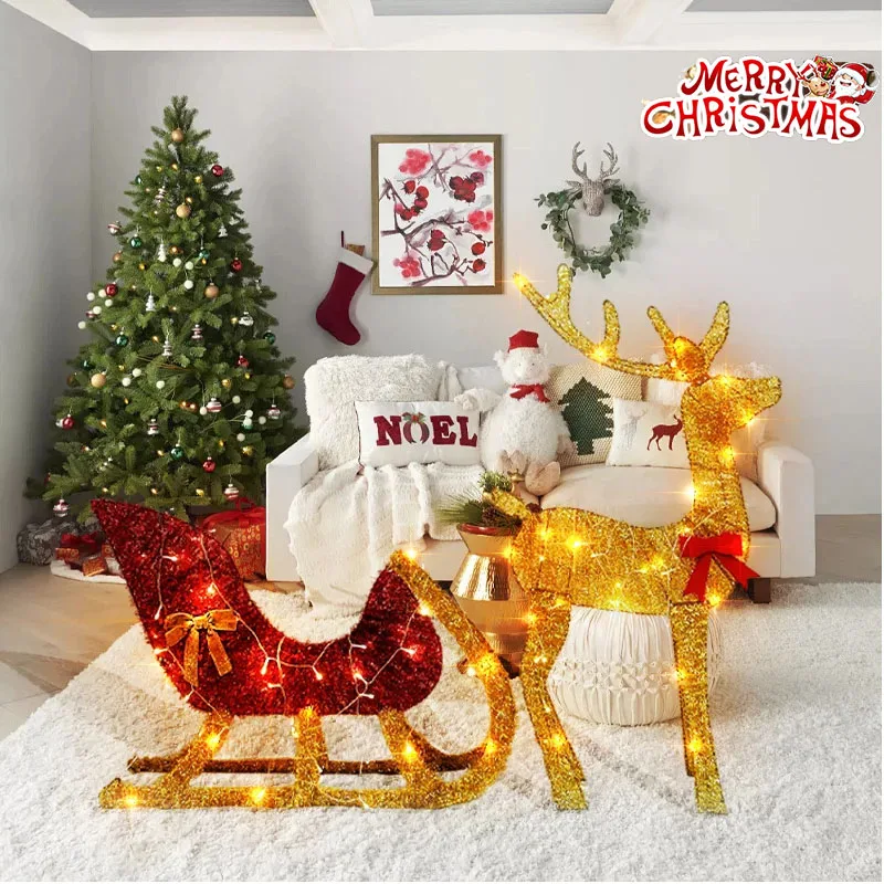 Lighted Christmas Reindeer and Sleigh Outdoor Yard Decoration Set with Lights Stakes Holiday Decorations