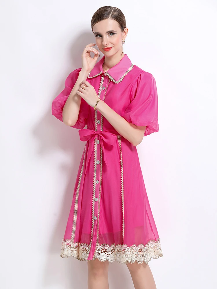 Vintage Women Lace patchwork shirt dress 2025 Summer Luxury Short puff sleeve Mini dresses with sashes Ladies Beach INKEO 5D182