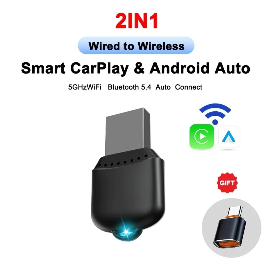 2026 Mini Wired to Wireless CarPlay Universal 2 in1 Mini Adapter Android Auto Smart Box Plug and Play Auto Connection OTA Update