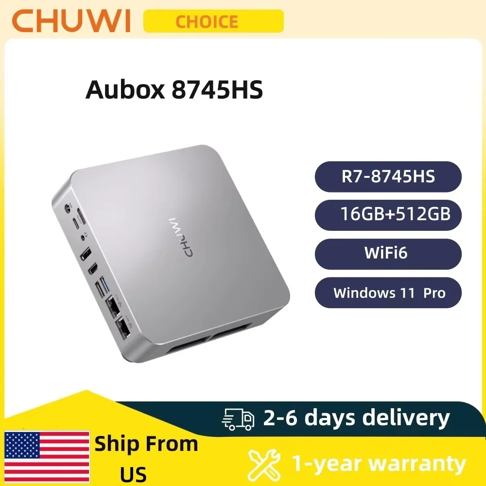 CHUWI AuBox كمبيوتر صغير AMD Ryzen7 8745HS 16GB DDR5 512GB SSD WiFi 6 BT 5.1 2.5G LAN يدعم شاشات رباعية حتى 4K Windows 11 Pro