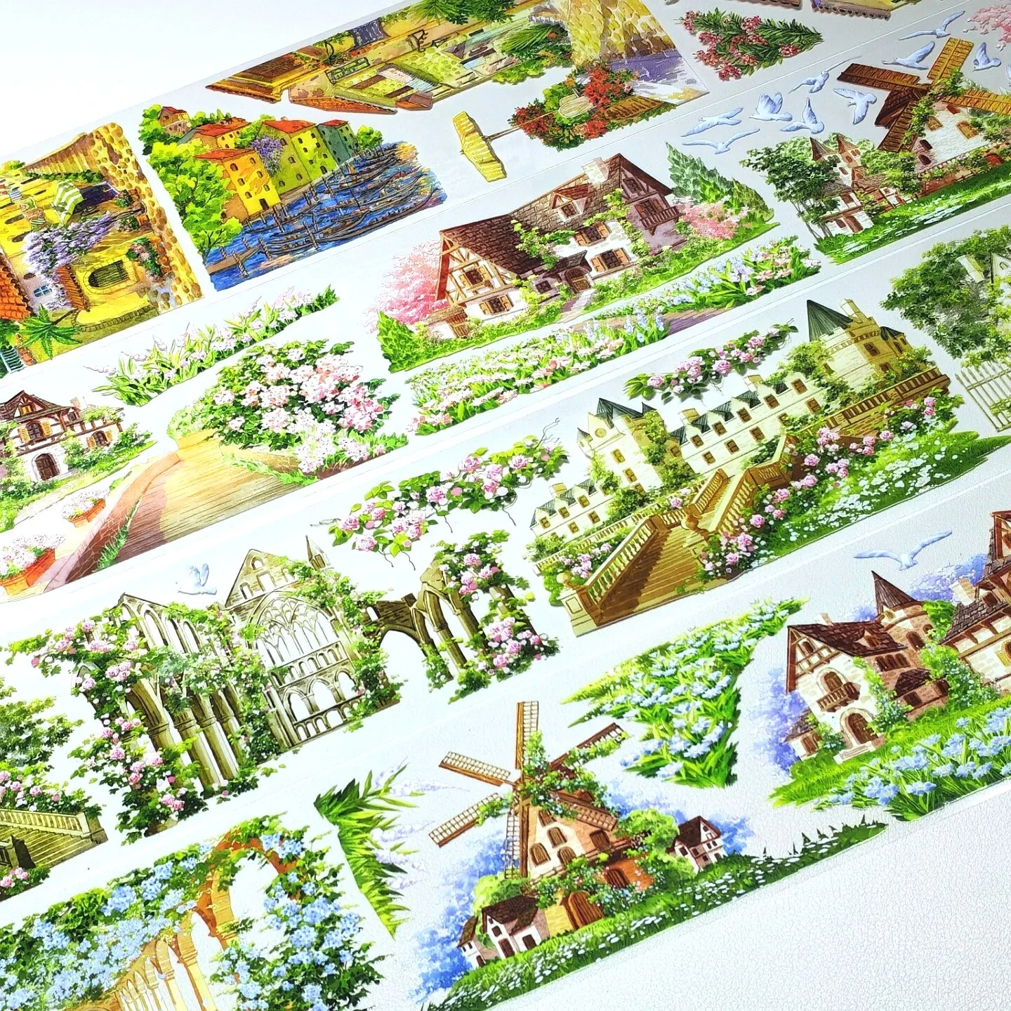 1 Loop PET Washi Tape Jingwuzhi Rose Castle Flower Villa Stone Brick Path Architecture Scenery Tape for Journal Scrapbook DIY