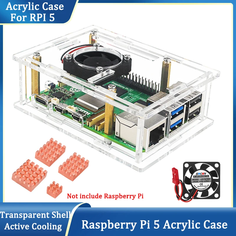 

Акриловый Внешний защитный корпус для Raspberry Pi 5, дополнительный охлаждающий вентилятор, медный алюминиевый радиатор для Raspberry Pi 5 RPI 5