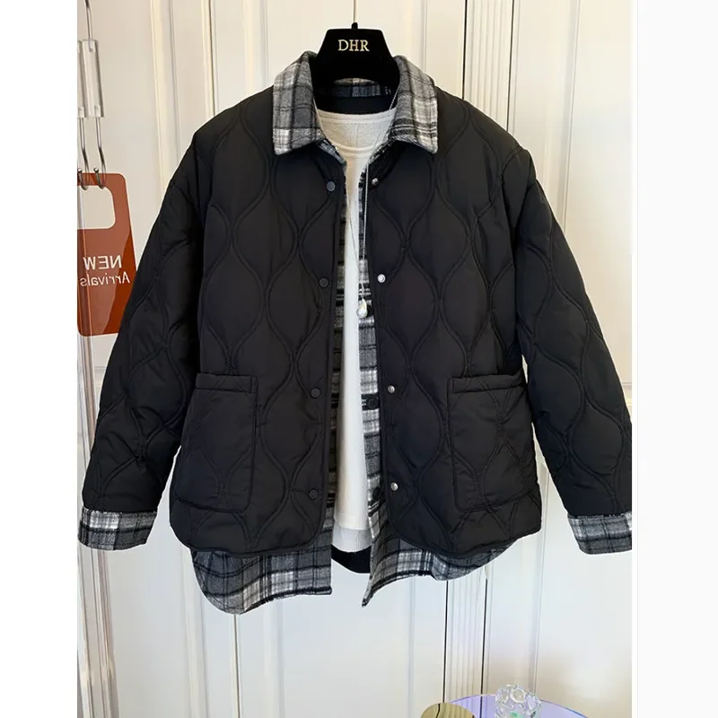 Autumn Winter Shirt Join Together Cotton Jacket Women 2024 New Fashion Loose Casual Fake Two Pieces Thicken Outerwear Female