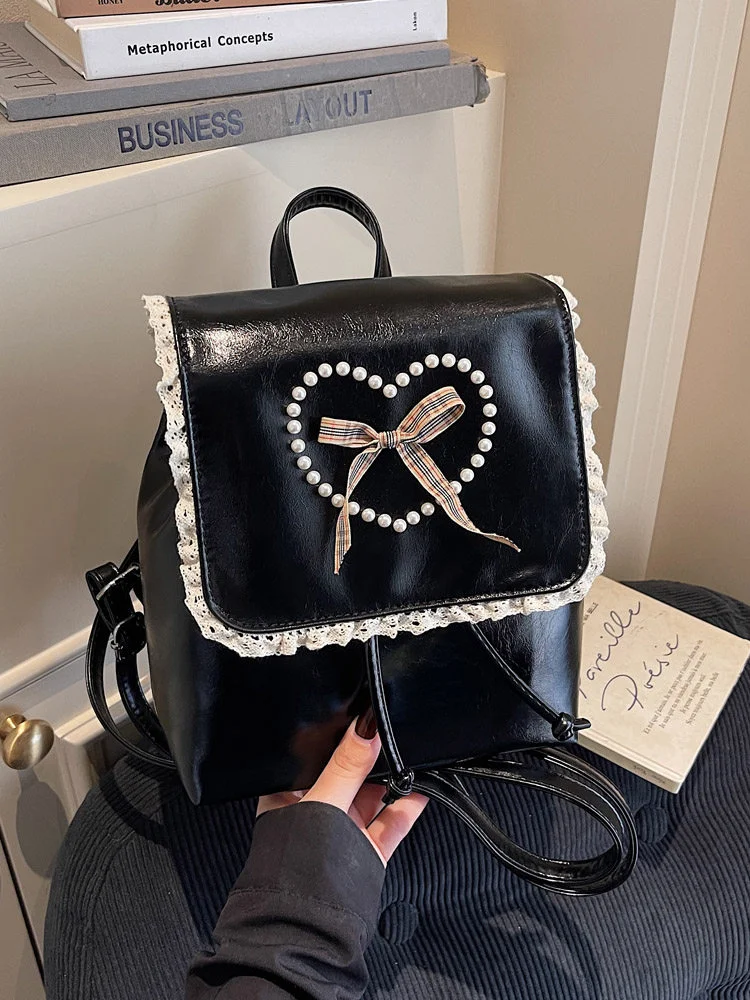 Korean-Style Large Capacity Backpack Casual Pearl Bow Decoration Classroom Bag Commuter Bag For Work Flip-Top Multi-Functional