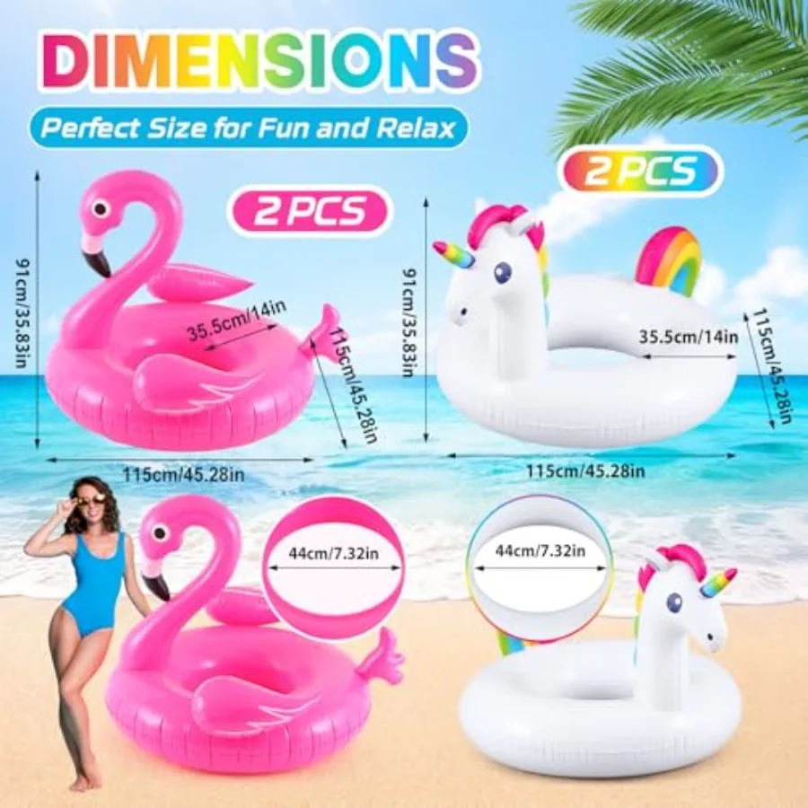 4 Pack Giant Flamingo and Unicorn Pool Floats 45'' White Rainbow Unicorn Pink Flamingo Inflatable Pool Float Swimming Raft for