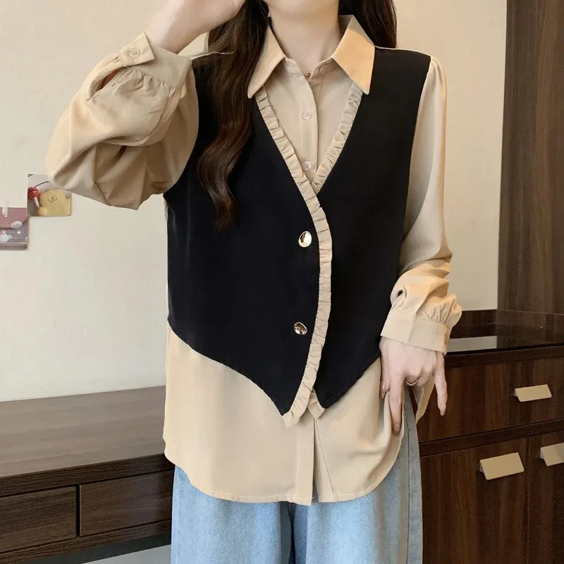 

Korean Version 2024 Spring New Women's New Patchwork Polo Collar Button Fashion Loose Fake Two-piece Long Sleeved Blouses Shirts