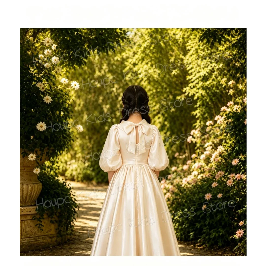 Custom Flower Girl Dress Ivory Satin Bow Collar Puff Sleeve A-Line Gown for Wedding First Communion Kids