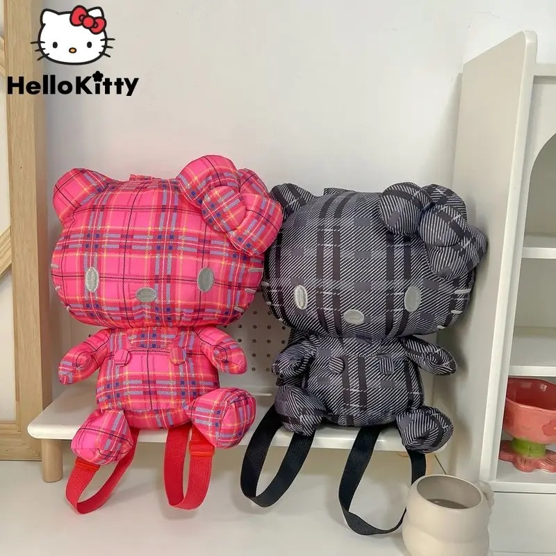 Sanrio Hello Kitty New Aesthetic Plaid Backpack Y2k Girls Korean Fashion Shoulder Bags Women Sweet Lolita Handbags Pocket Bag