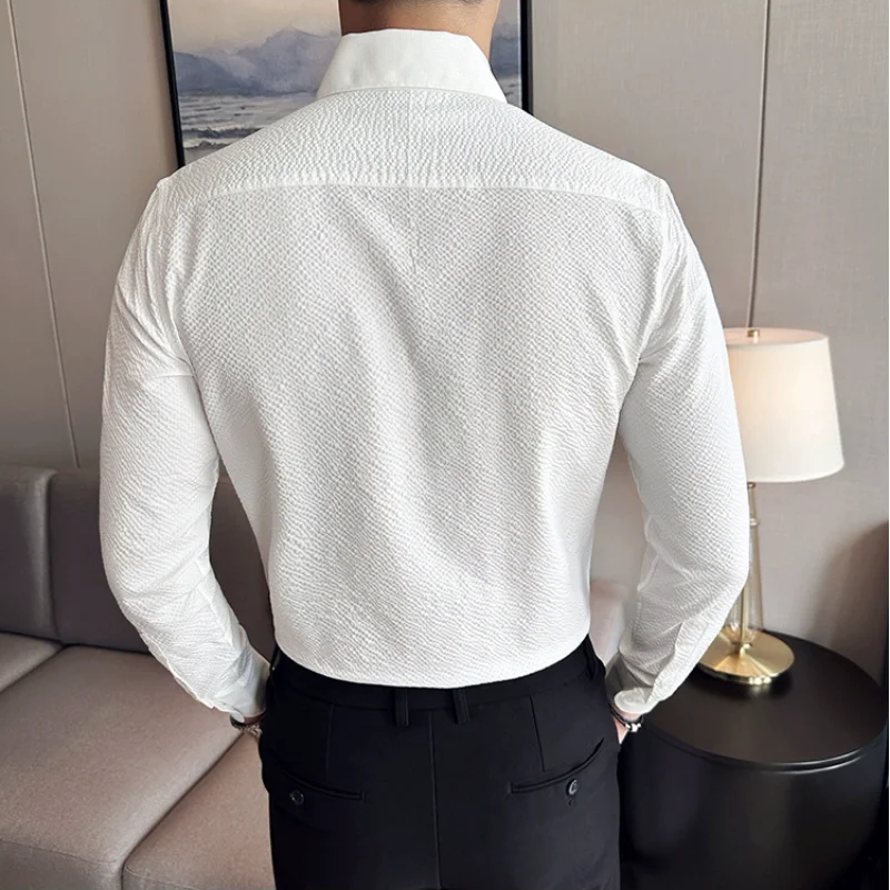 2024 Autumn New Waffle V Neck Shirt Men\'s Long Sleeve Standing Neck Slim Fit Business Formal Dress Shirt Social Tuxedo Shirt Top