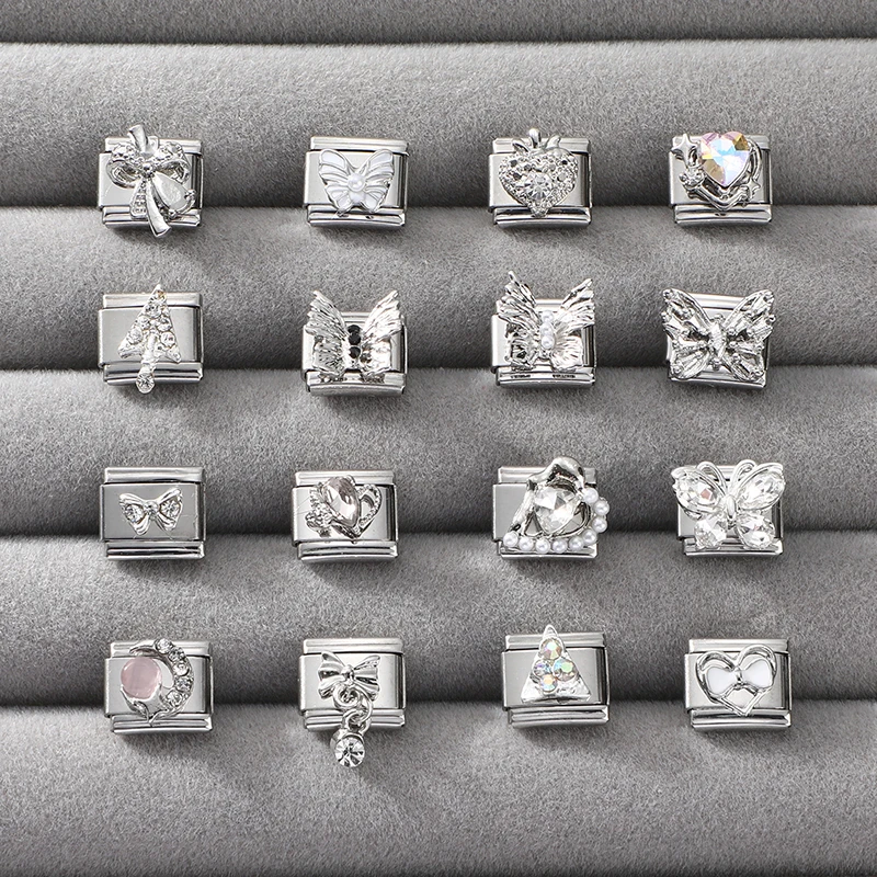 Zircon Butterfly Heart Bow Knot  Moon Shiny DIY Italian Charm Links Fit 9mm Stainless Steel Bracelet Women Jewelry Making Gifts
