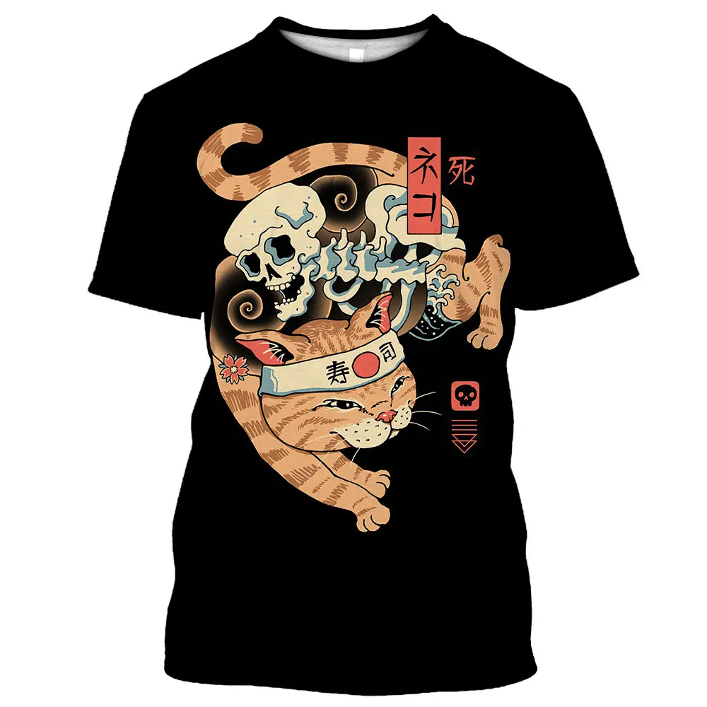 Unisex 2024 Samurai Cat Tattoo Shirt For Men 3d Print Cool Classic Art Shirt For O Neck Tops Tee Vintage Fuuny T-shirt Men Women