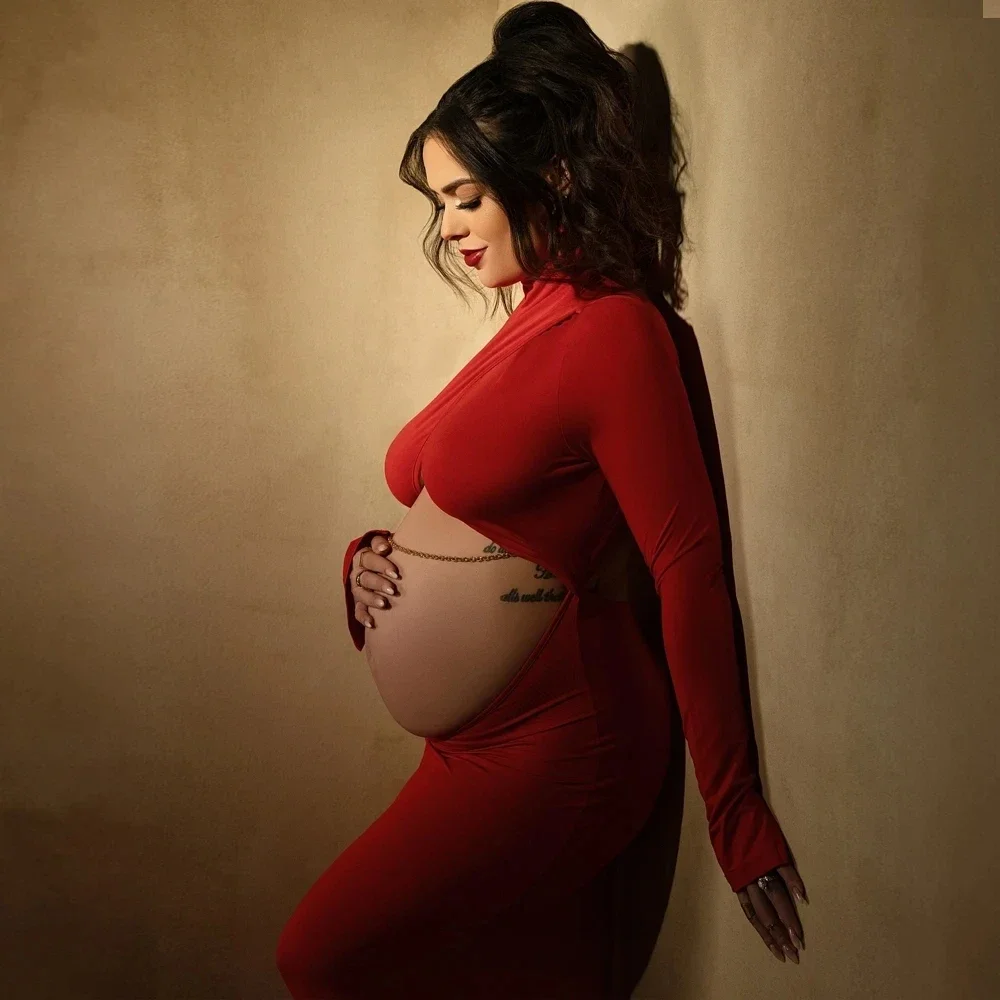 Stretchy Maternity Photo Shoot Long Train Red Baby Shower Dress High Neck Pregnant Woman Long Dress