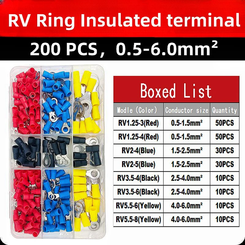 200PCS Boxed  Ring Type Electrical Crimp Terminal，RV1.25-5.5 combinations Insulated Cable  Wire Connectors，Crimp Pliers