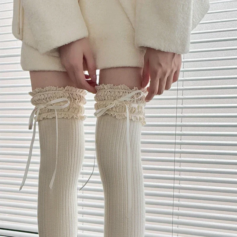 Autumn Winter Long Warmers Y2k Aesthetic Warm Spliced Lace Lace Up Stocking Harajuku High Steet Fashion Socks All Match Socks