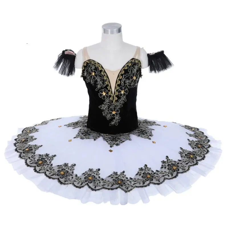 Black Velvet Bodice White Tulle Tutu with Black Applique Decorated Pre-professional Ballet Dance Tutu