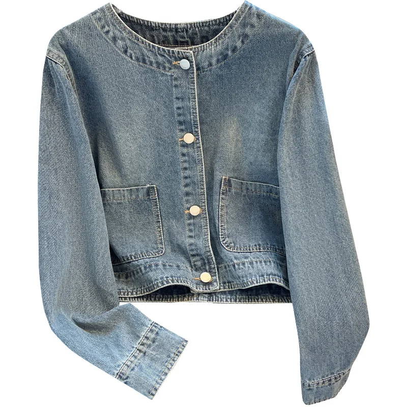 Light Blue Retro Denim Jacket Women\'s Spring Single Breasted Loose Cardigan Short Top Autumn O-Neck Long Sleeve All-Matched Top