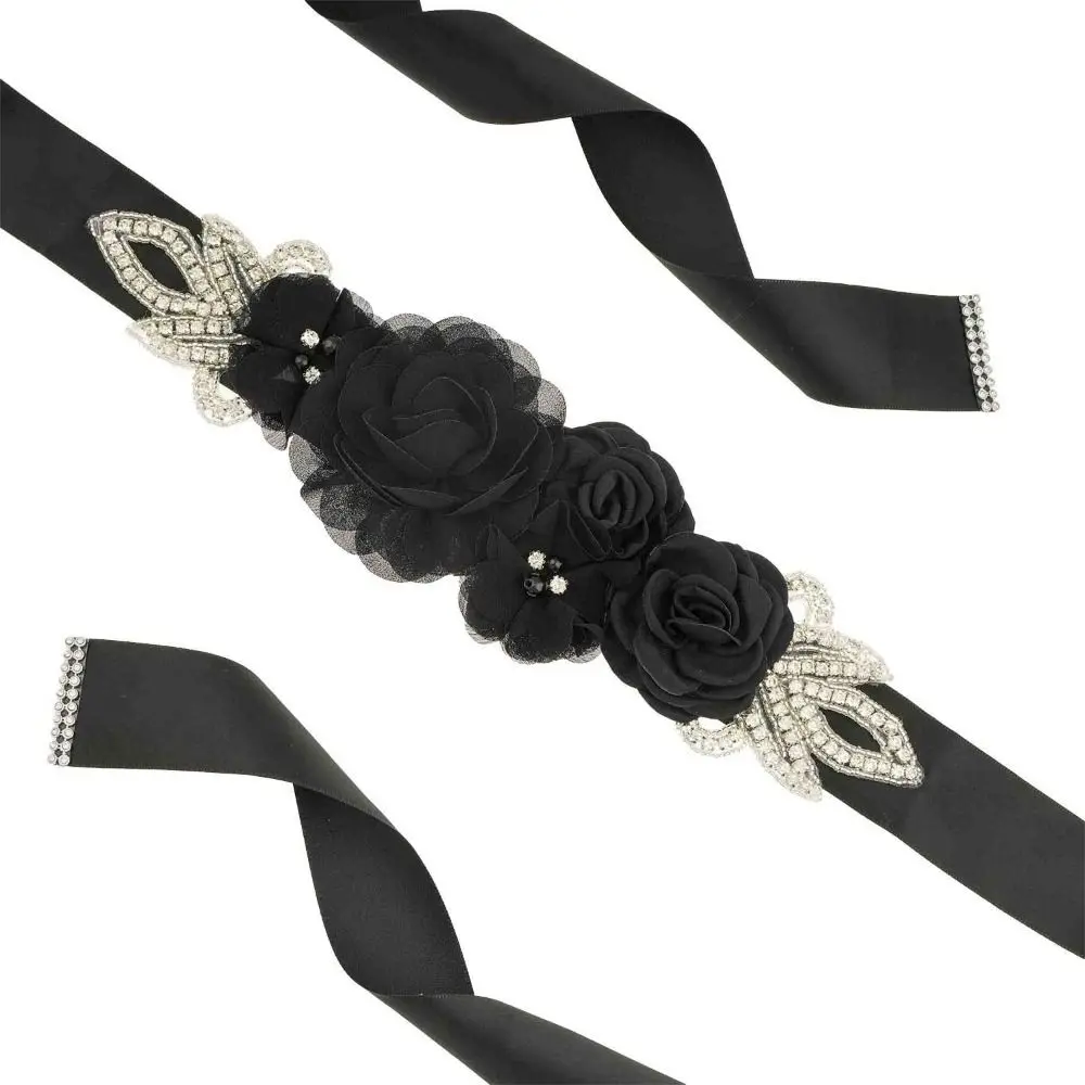 5 Flowers Women's Beaded Flower Belt Rhinestone Beaded Creative Wedding Flower Waistband Simulated Rose Handmade
