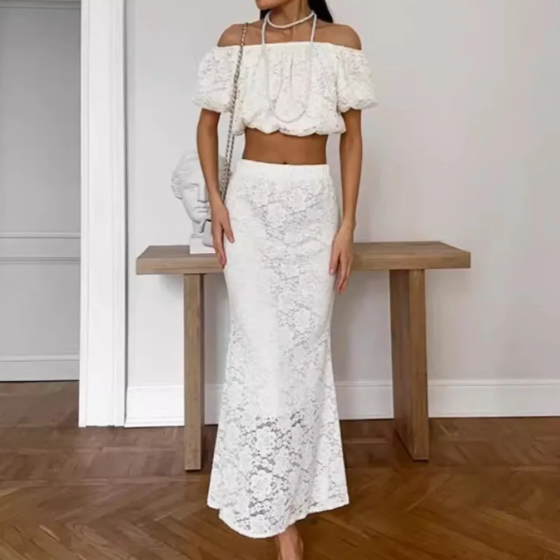 

Elegant Lace Hollow Simple 2 Piece Set Women Summer Off Shoulder Petal Short Sleeve Crop Tops+Long Skirts Solid Matching Outfits