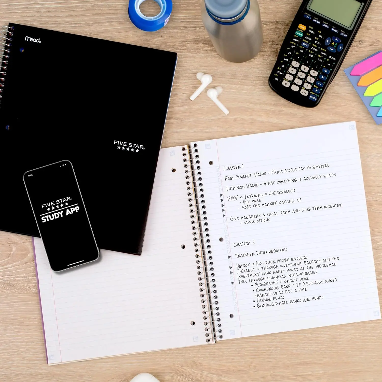 3 Subject Spiral Notebook 8.5x11, College Ruled, 150 Sheets, Water Resistant Cover, Fights Ink Bleed, Black + Study App view 3