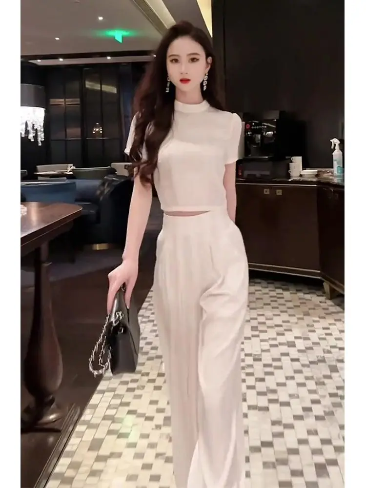 새로운 여름 럭셔리 여성의 두 조각 세트 하이 엔드 짧은 소매 자르기 탑 블라우스 + 높은 허리 넓은 다리 바지 우아한 패션 정장