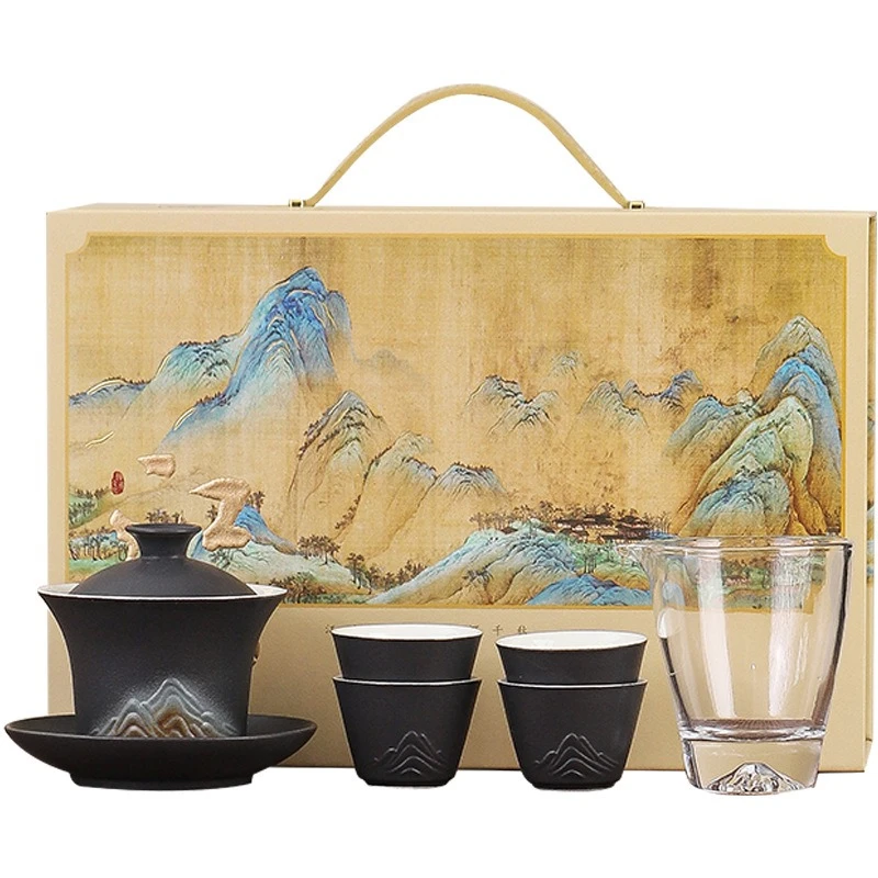 

Cover bowl set, one pot and four cups of gradual change color Yuanshan tea set gift box