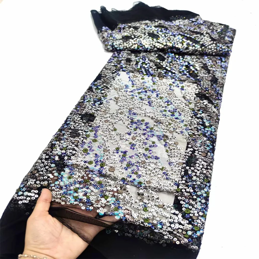 

2024 Latest African Sequins Net Lace Fabric High Quality Embroidery Sequin French Mesh For Nigerian Wedding Party Dress Material