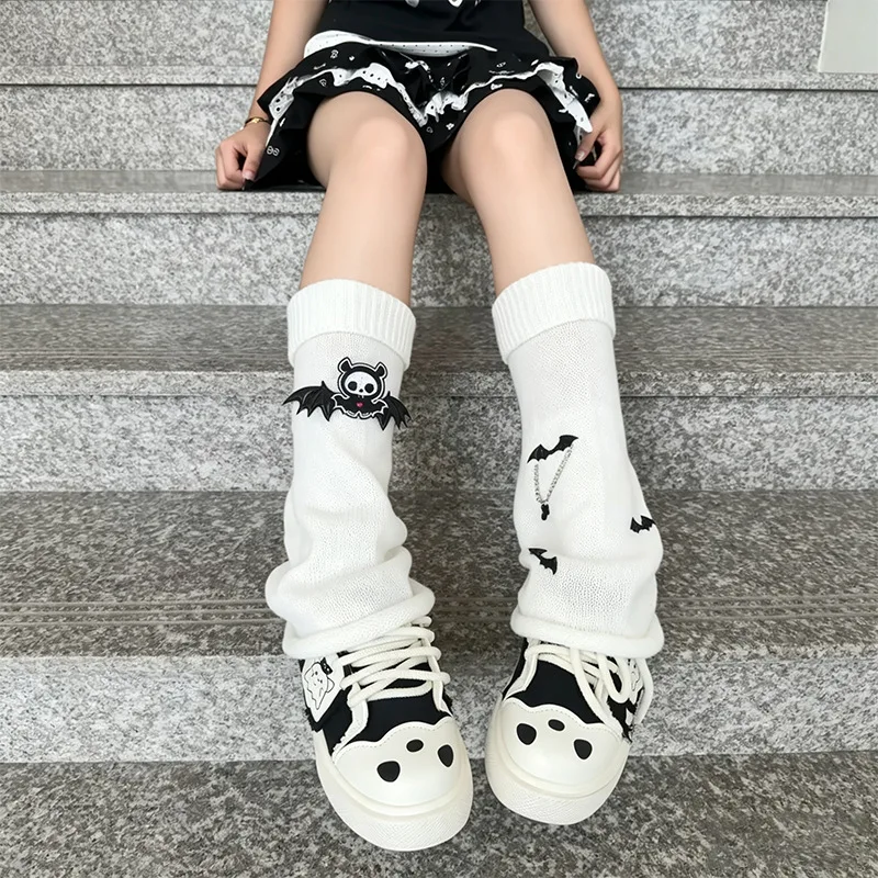 Fall/Winter Y2K Alt Gothic Bat Skull Print Slouch Leg Warmers for Women, Grunge Stackable Boot Socks, Stretch Calf Leg Covers