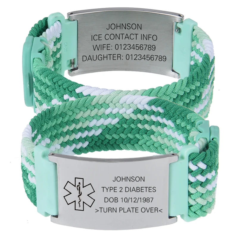 Personalisiertes Medizinisches Warnarmband Elastisches Nylon Individuell Graviertes Etikett Medizinisches ID-Armband Verstellbares Andenken-Geschenk für die Gesundheit – Detail 11