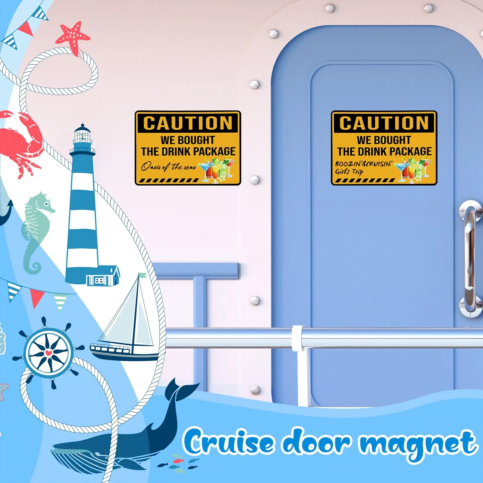 2-piece Cruise Door Tile Decoration, Large Warning Sign Fun Cabin Sticker, Carnival Cruise Door, Refrigerator Decoration