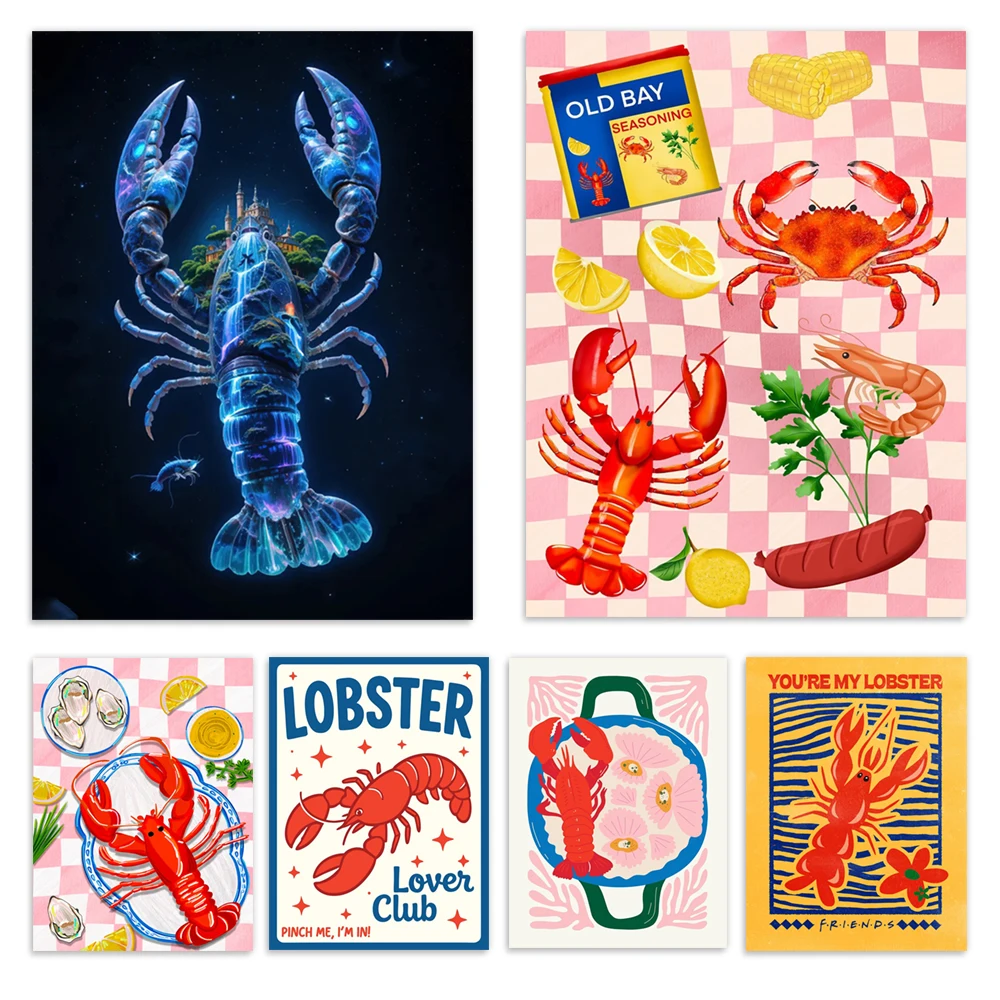 Lobster and oysters still life, French shrimp picnic, shrimp dish, crab, lemon olives and sardines illustration, kitchen poster