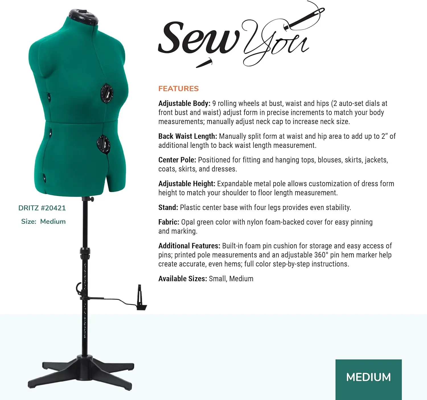 Sew You Adjustable Dress Form, Medium, Opal Green