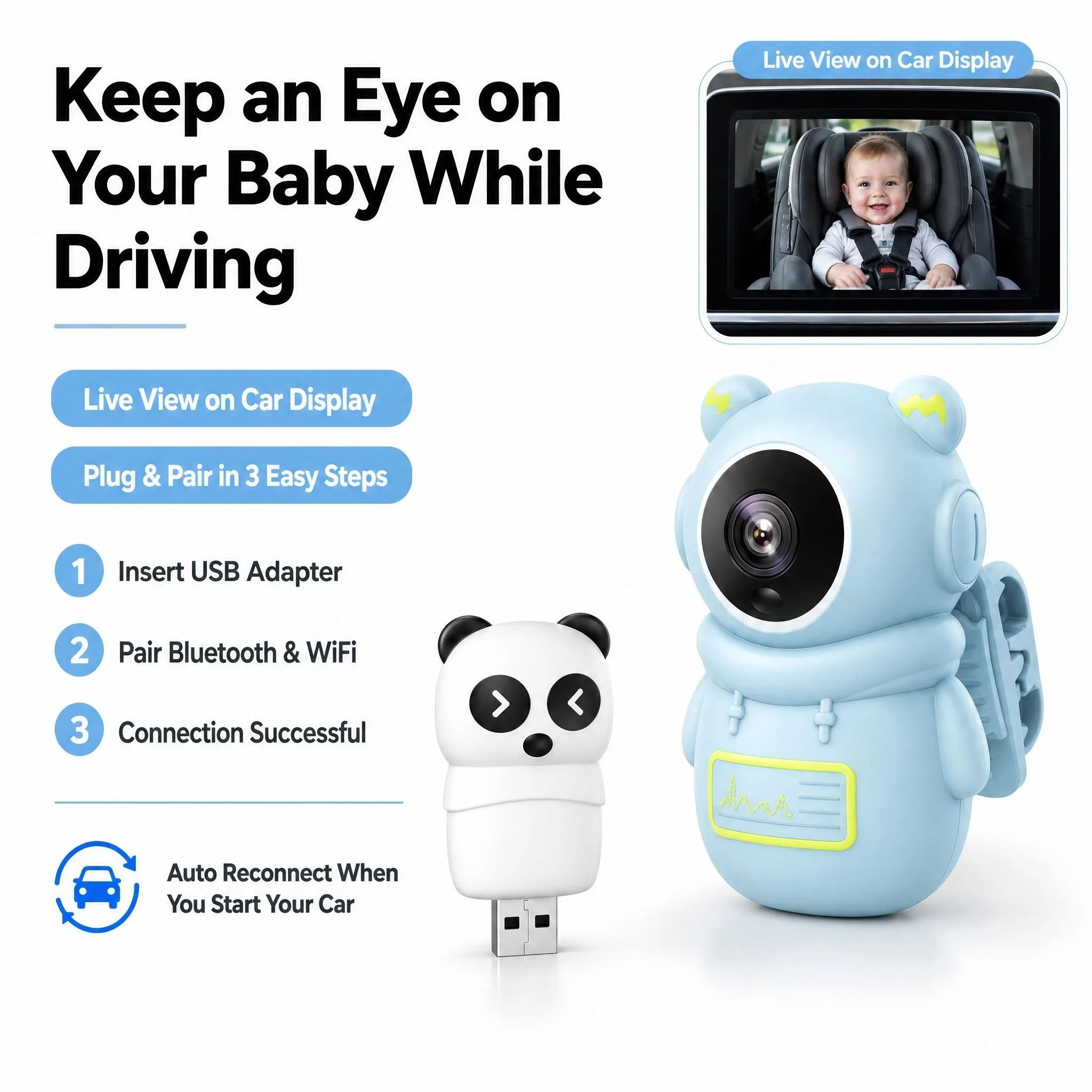 Wireless CarPlay Baby Car Camera, 1080P HD, Night Vision, 150° Wide Angle, Split Screen, OTA Upgrade, for Kids, Rear Seat, CE